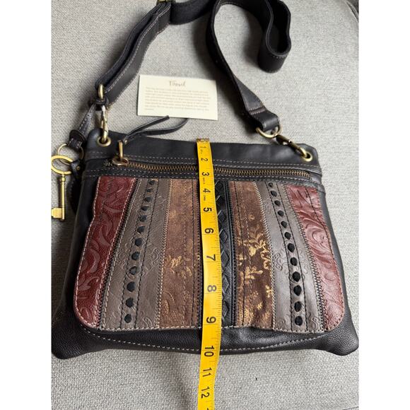 Fossil Black Leather Striped Shoulder Satchel Crossbody Bag Boho Medium